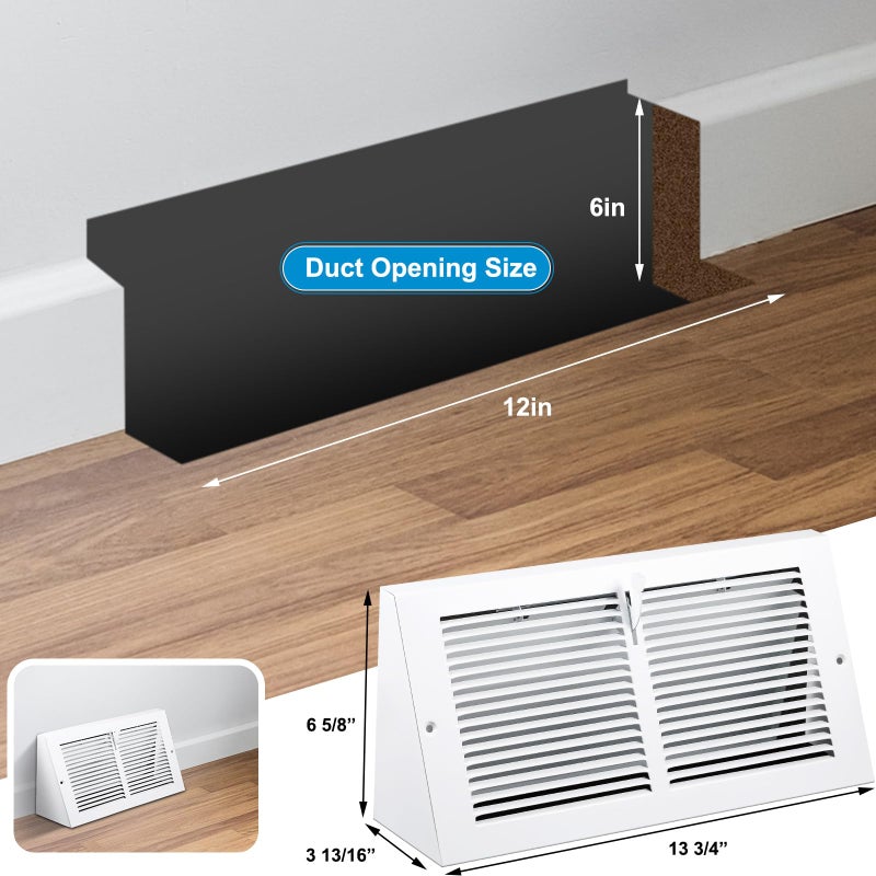 Yaocom 2 Pcs Baseboard Vent Covers with Damper Duct Opening: 12 x 6 Inches Duct Opening Size Steel Triangular Baseboard Return Air Grille with Damper Air Register Vent Cover Grill Diffuser Outer - Image 2